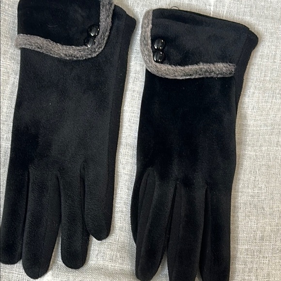 Black Winter Gloves Women Velvet Feel w/ Tech Finger Tips & Grey Accent Button - Picture 3 of 8